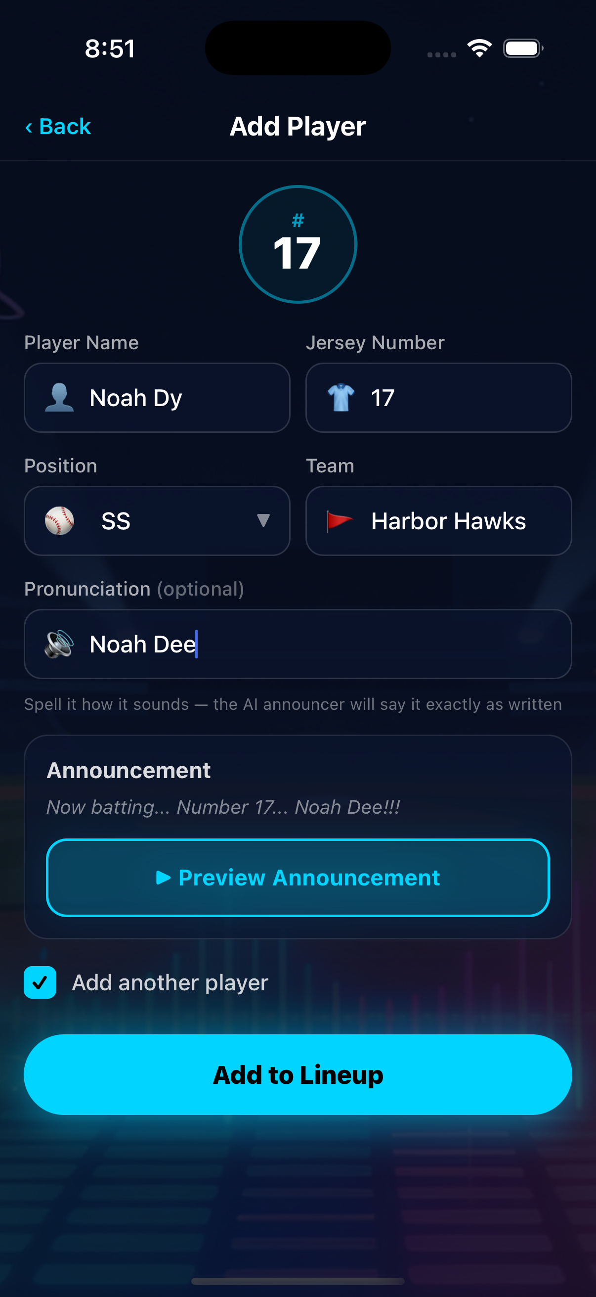 Add player screen showing name and pronunciation setup
