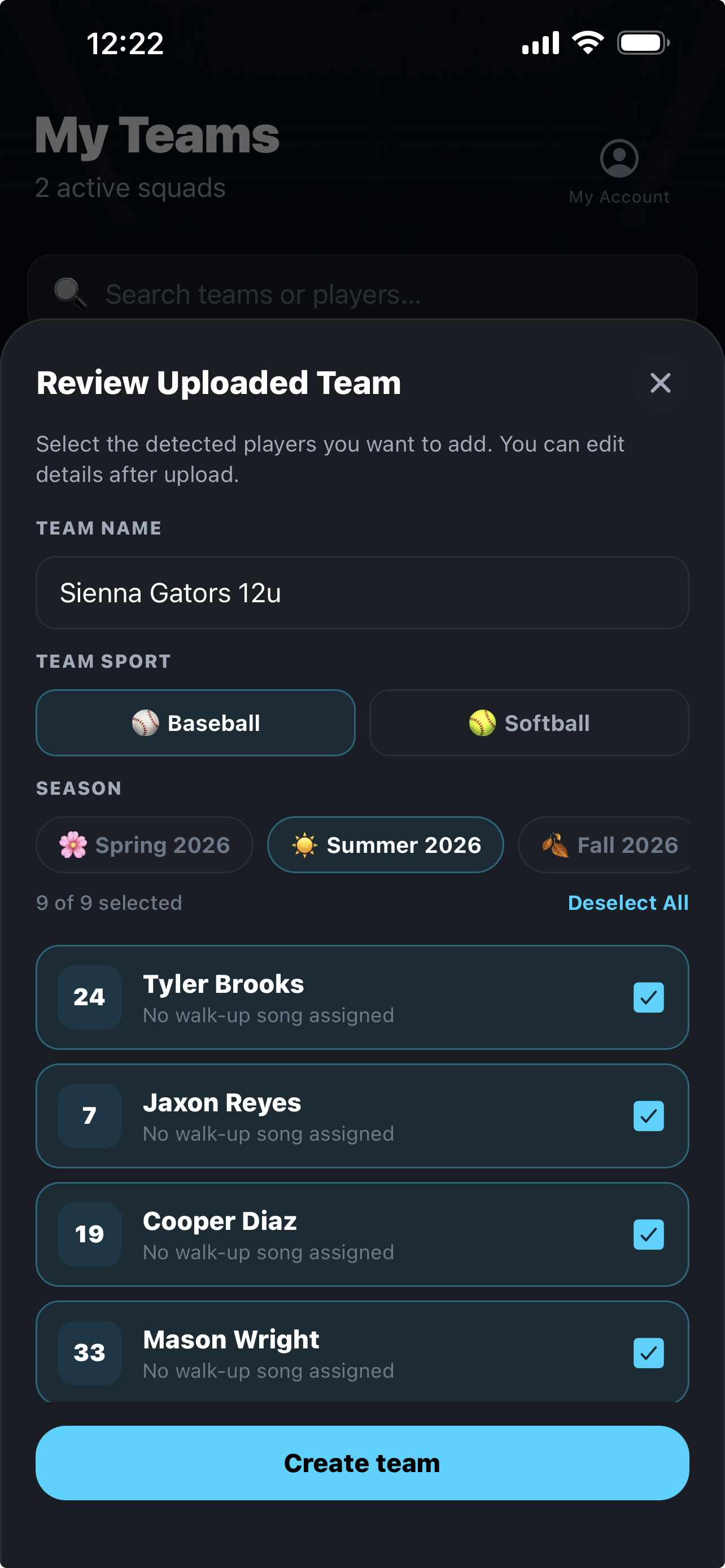 Player selection screen showing individual players being picked for import
