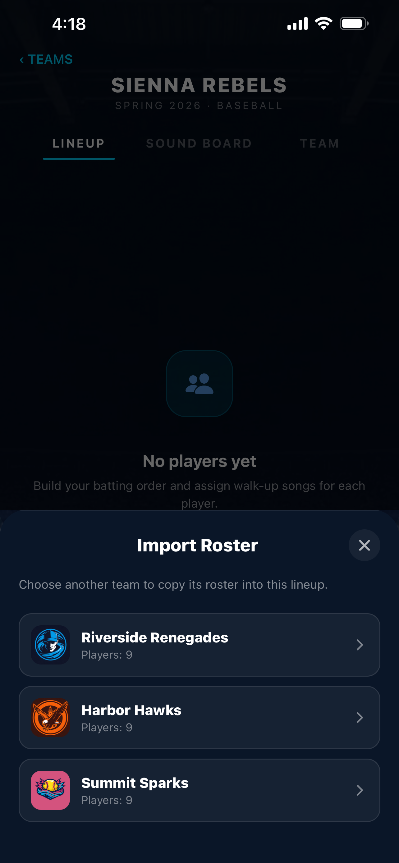 Import Roster screen showing a list of previous teams to copy from