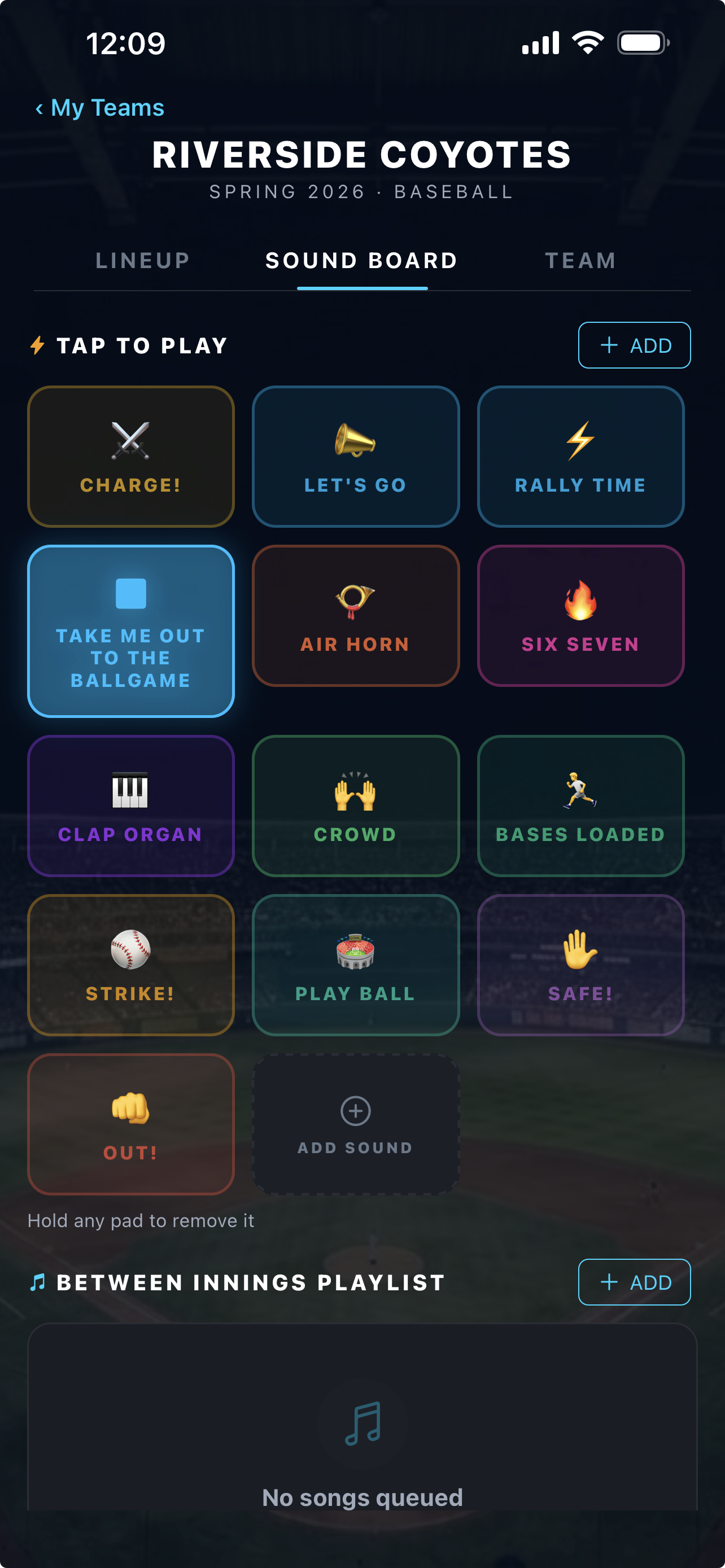 Sound board music queue showing crowd cue tracks