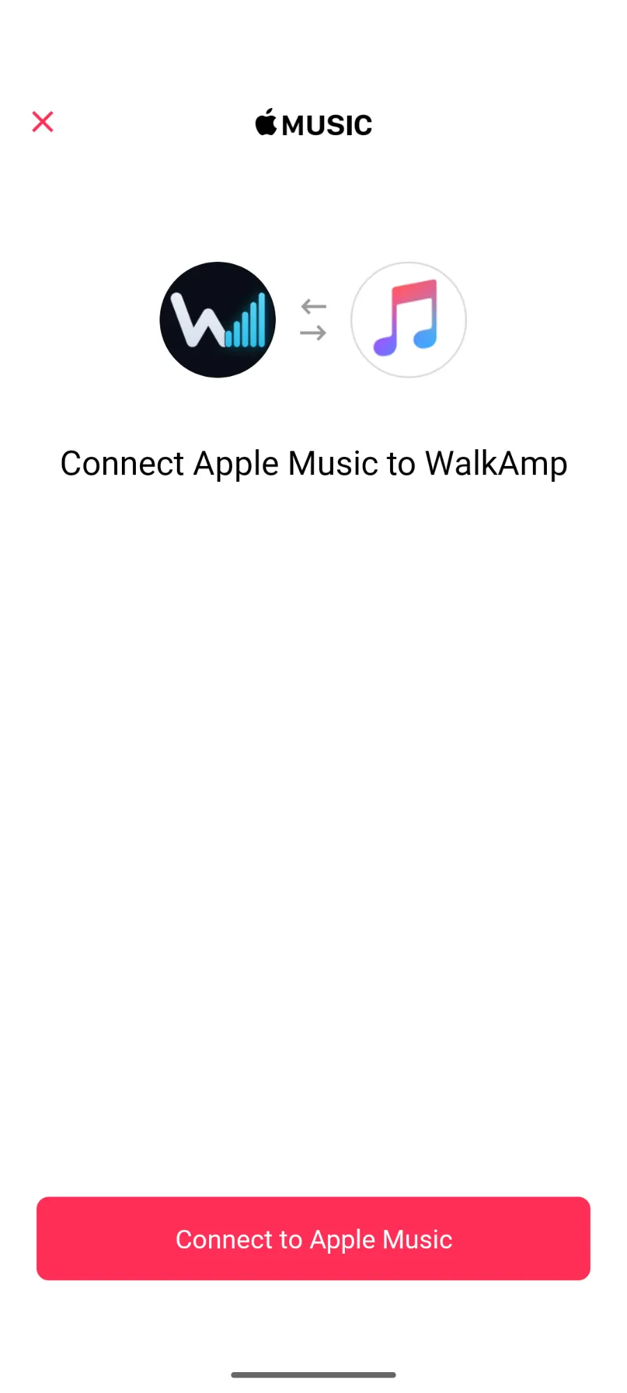 Apple Music screen on Android that says Connect Apple Music to WalkAmp, with a Connect to Apple Music button