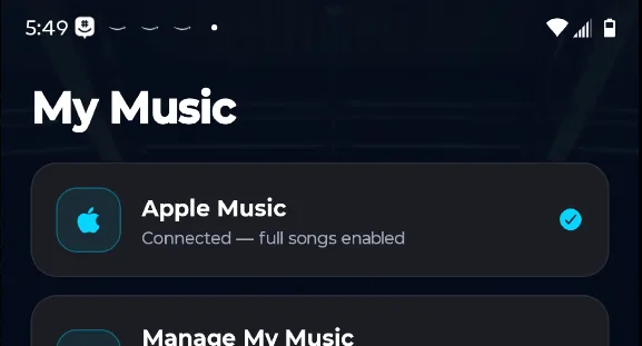 WalkAmp My Music tab showing Apple Music connected with full songs enabled