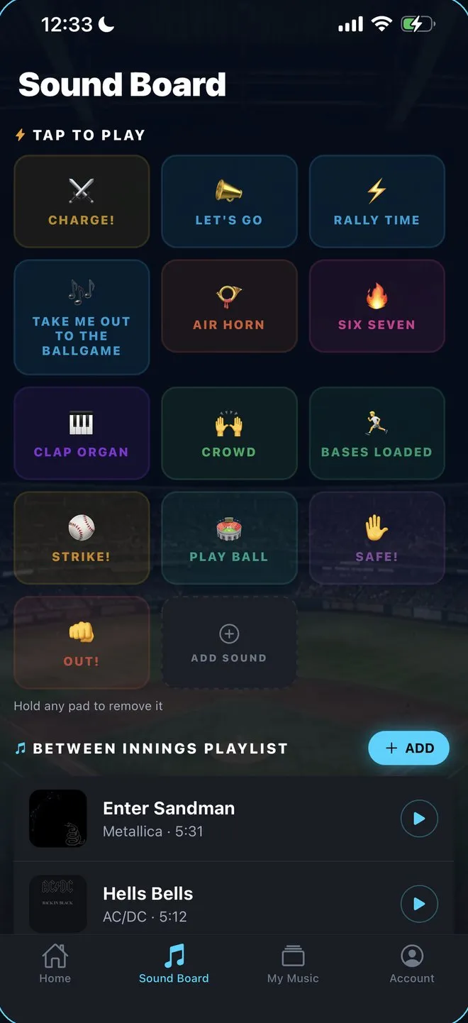WalkAmp Sound Board with stadium cues and between-innings playlist
